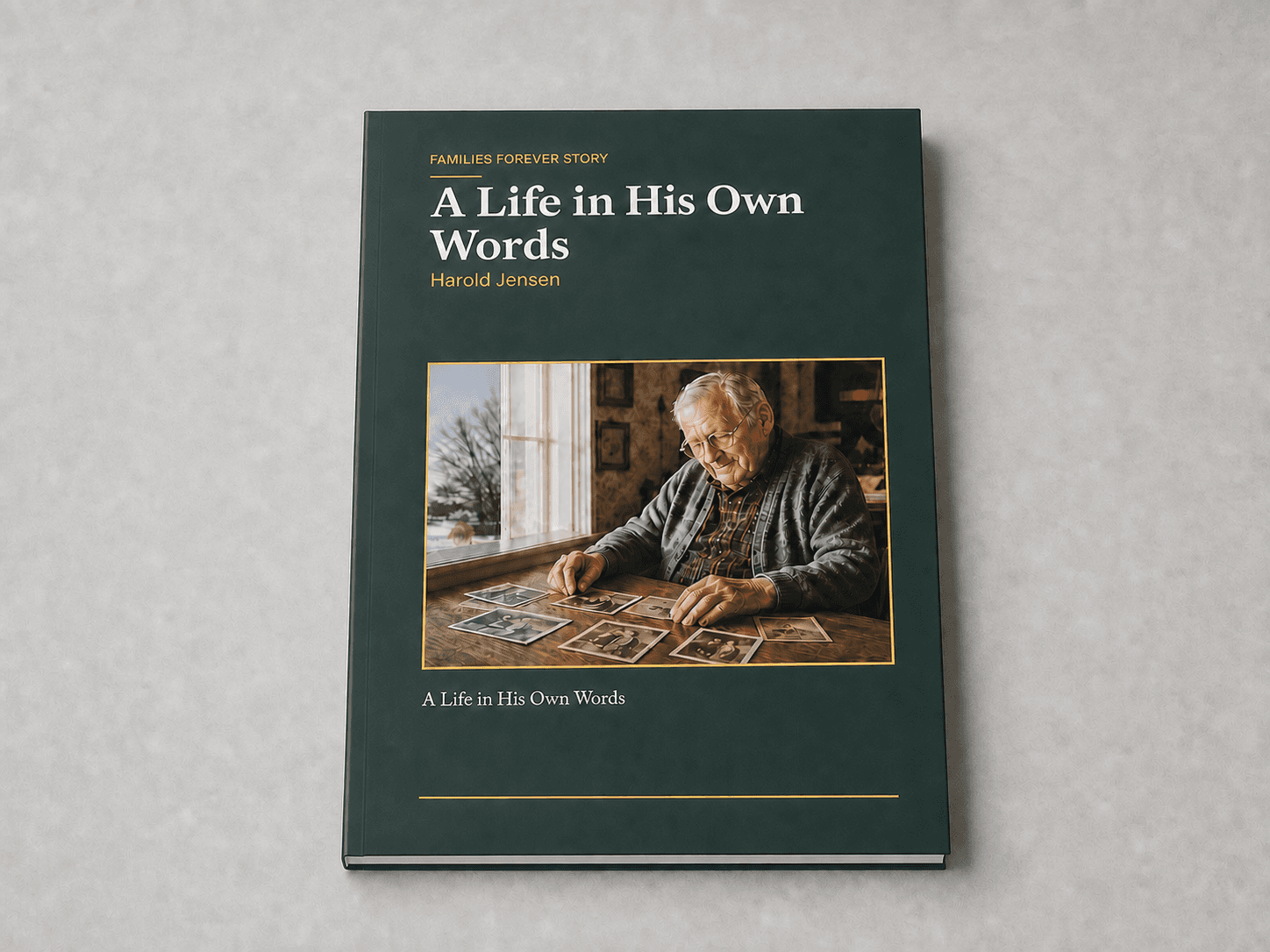 A finished 7 by 10 inch Families Forever Story printed casewrap book lying flat, featuring Harold Jensen sorting loose family photographs
